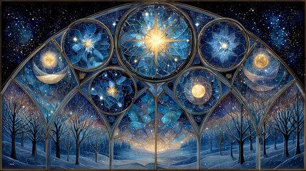 Celestial orbs glowing in stained glass style winter solstice night sky mystical cosmic abstract art background for spiritual holiday decor and magical seasonal illustrations