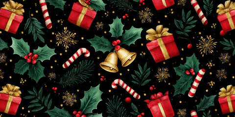 Festive Vintage Christmas Holly, Gifts, and Candy Cane Seamless Pattern