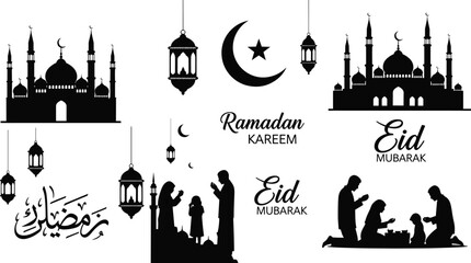 Islamic Celebration Vector Silhouette Set, Mosque, Crescent Moon, Lantern, and Praying People Icons, Ramadan Kareem and Eid Mubarak Calligraphy Graphic Design