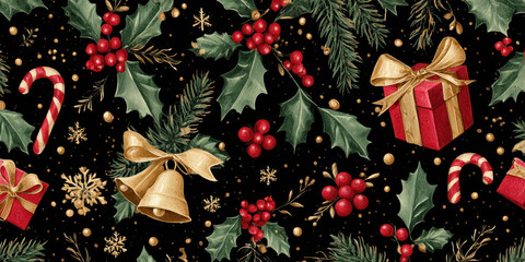 Festive Vintage Christmas Holly, Gifts, and Candy Cane Seamless Pattern