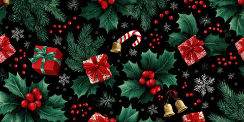 Festive Vintage Christmas Holly, Gifts, and Candy Cane Seamless Pattern