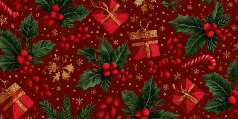Festive Vintage Christmas Holly, Gifts, and Candy Cane Seamless Pattern