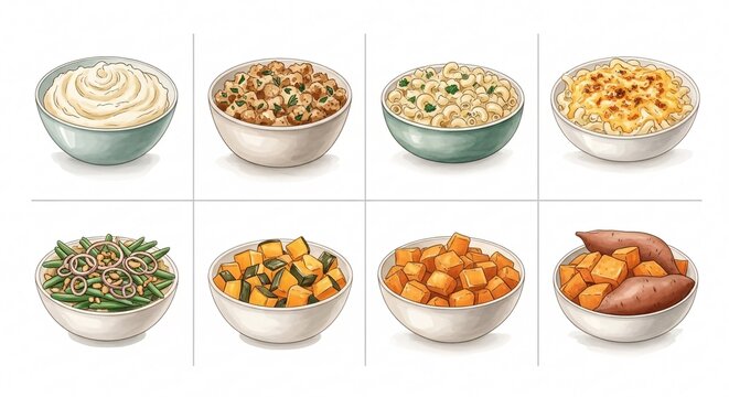 Eight bowls of various cooked side dishes, presented in a neat arrangement. - Powered by Adobe