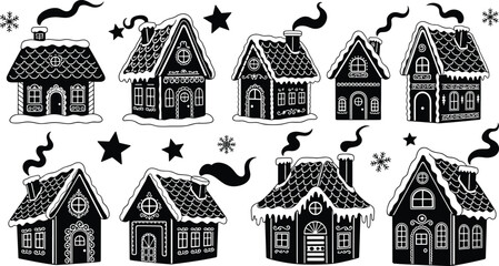 Fototapeta premium Set of Charming Gingerbread House Silhouettes, Featuring Snow-Covered Roofs, Icing Details, and Smoke, Christmas Holiday Graphic Flat Vector Illustration
