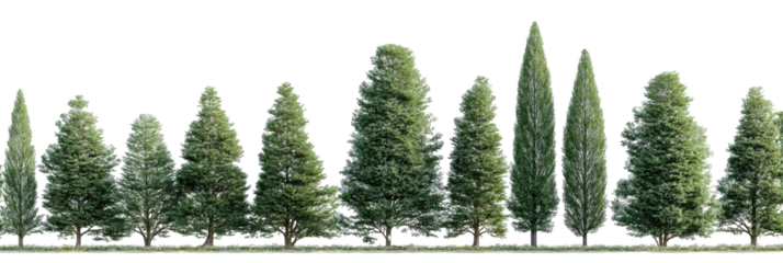 Varied evergreen trees line field edge against black