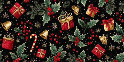 Festive Vintage Christmas Holly, Gifts, and Candy Cane Seamless Pattern