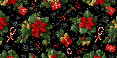 Festive Vintage Christmas Holly, Gifts, and Candy Cane Seamless Pattern