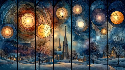 Celestial orbs glowing in stained glass style winter solstice night sky mystical cosmic abstract art background for spiritual holiday decor and magical seasonal illustrations
