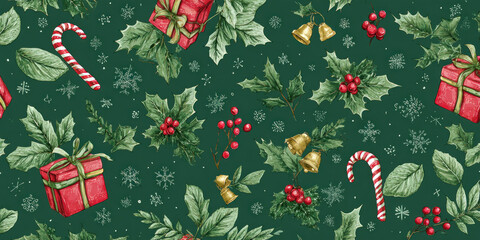 Festive Vintage Christmas Holly, Gifts, and Candy Cane Seamless Pattern
