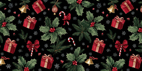 Festive Vintage Christmas Holly, Gifts, and Candy Cane Seamless Pattern