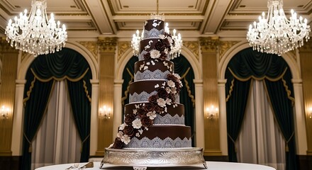 Chocolate wedding cake with flowers elegant tiered cake luxury event reception party celebration dessert