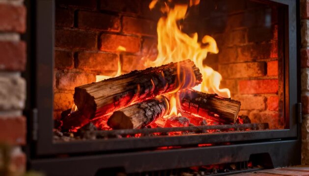 close up fire burning in fireplace, clean textures, warm ambient light, cozy home atmosphere and seamless motion loop background