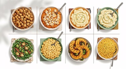 Overhead view of eight bowls filled with various prepared dishes, including chickpeas, sweet potatoes, mashed potatoes, green beans, and corn.