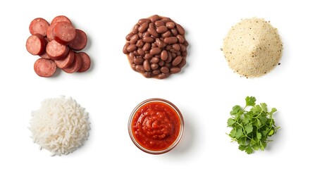 Assorted food ingredients on white surface overhead view