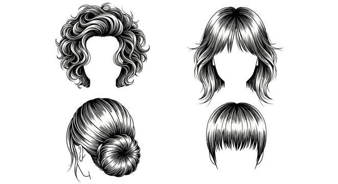 Diverse Hairstyles Curly Wavy Bun and Bangs in Black and White.