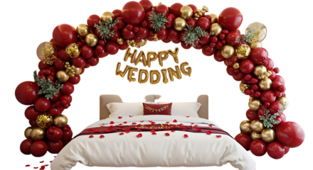 Romantic wedding bed backdrop with a lush berry arch and decorative pillows

