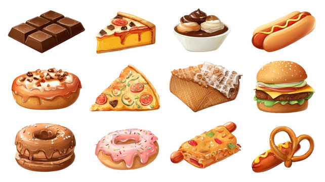 A collection of delicious isolated sweet bakery desserts and fresh fruit snacks