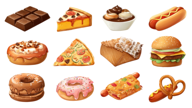A collection of delicious isolated sweet bakery desserts and fresh fruit snacks