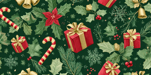 Festive Vintage Christmas Holly, Gifts, and Candy Cane Seamless Pattern