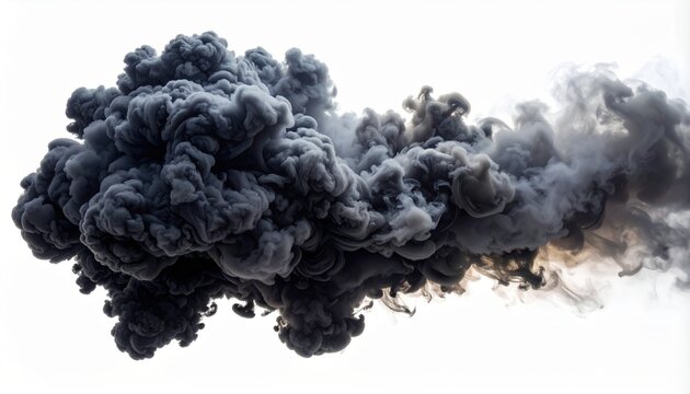 Dense black smoke cloud on white background, abstract dark ink explosion, pollution concept