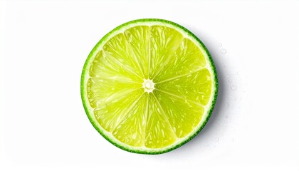 Fresh lime slice with water drops on white background, top view. Vibrant green citrus fruit cross section, healthy food concept.