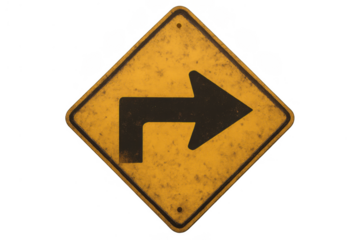 Yellow weathered turn right road sign, rustic arrow indicating direction, warning for drivers, transparent background