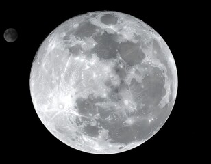 Large, detailed image of the moon with smaller satellite, set against a vast black background
