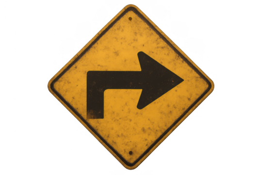 Yellow weathered turn right road sign, rustic arrow indicating direction, warning for drivers, transparent background