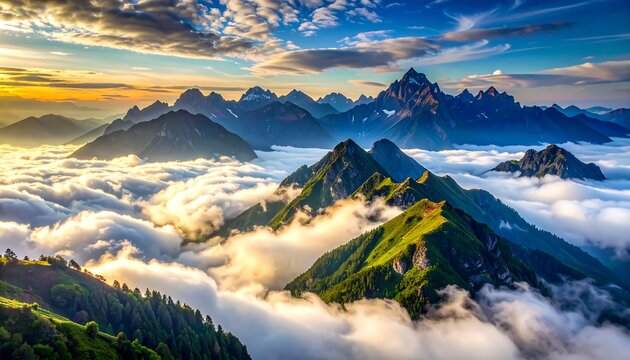 Majestic view of high mountain peaks rising above cloud sea during sunrise