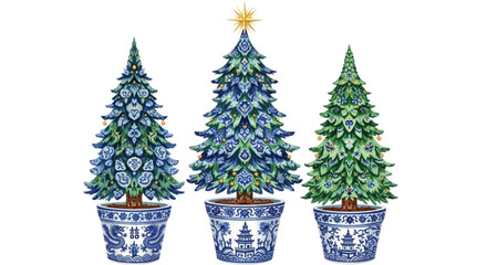 Chinoiserie Christmas Trees in Blue and White Porcelain Pots – Elegant Watercolor Holiday Illustration Set