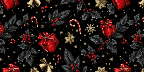 Festive Vintage Christmas Holly, Gifts, and Candy Cane Seamless Pattern