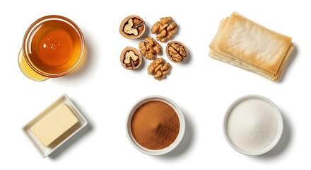 Overhead view of various food ingredients on a white surface