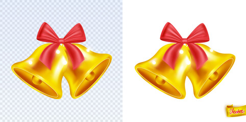 Realistic golden Christmas bells with a red bow. Shiny festive vector decoration for holiday cards, New Year designs, invitations, banners and seasonal projects. Isolated high-quality illustration