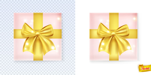 Realistic vector gift box with a golden bow and soft glossy highlights. Pink wrapping, elegant festive style. Perfect for holiday designs, invitations, cards, Christmas and New Year themes