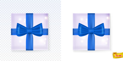 Realistic vector gift box with glossy blue ribbon. Elegant festive design for holiday cards, celebrations, Christmas, New Year, birthdays and invitations. High-quality isolated illustration