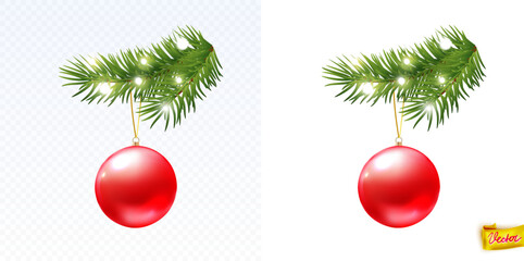 Realistic red Christmas bauble hanging on a green fir branch with glowing lights. Vector isolated decoration for holiday designs, cards, banners, and festive New Year scenes.