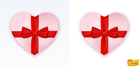 Realistic vector heart-shaped gift box with a shiny red ribbon and bow. Romantic holiday present perfect for Valentine&rsquo;s Day, weddings, anniversaries and festive designs. Isolated and high quality.
