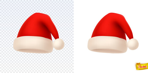 Realistic vector Santa hat with soft white trim and pompom. Classic Christmas accessory for festive designs, winter themes, holiday cards and New Year decorations. Isolated and high quality