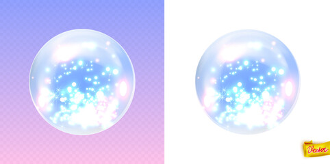 Realistic glowing crystal ball with bright sparkles and soft light effects. Vector isolated holiday element for Christmas, New Year, fantasy designs, decorations and magical winter scenes