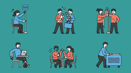 Minimal, modern vector illustrations of diverse creative professionals engaged in business, marketing, design, social media, and content creation activities. Clean lines, soft colors, flat style.