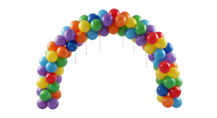 Colorful balloon arch in rainbow hues for party decor and celebration backdrops

