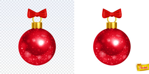 Realistic red Christmas bauble with golden bow, snowflake pattern and glossy shine. Isolated festive ornament for holiday design, New Year decorations, greeting cards and winter projects