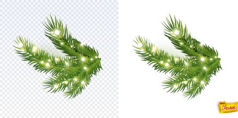 Realistic green fir branch with glowing holiday lights on an isolated background. Perfect vector element for Christmas designs, winter decorations, cards, borders and festive compositions.