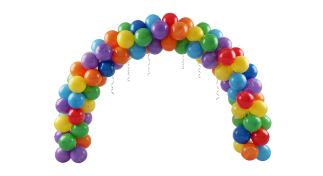 Colorful balloon arch in rainbow hues for party decor and celebration backdrops

