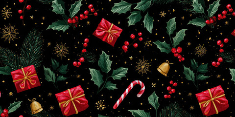 Festive Vintage Christmas Holly, Gifts, and Candy Cane Seamless Pattern