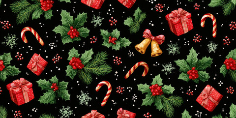Festive Vintage Christmas Holly, Gifts, and Candy Cane Seamless Pattern