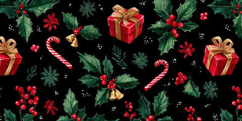 Festive Vintage Christmas Holly, Gifts, and Candy Cane Seamless Pattern