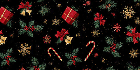 Festive Vintage Christmas Holly, Gifts, and Candy Cane Seamless Pattern