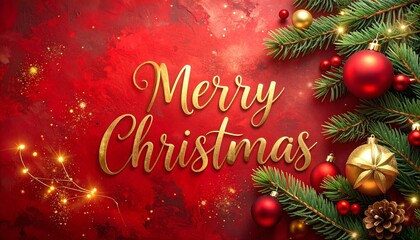 "Merry Christmas" greeting with red background, pine branches, ornaments, and golden sparkles.