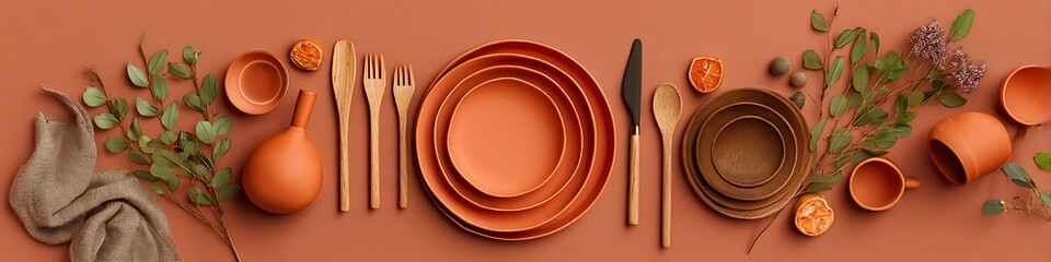 Editorial table flat lay with terracotta accents and bold utensil styling
